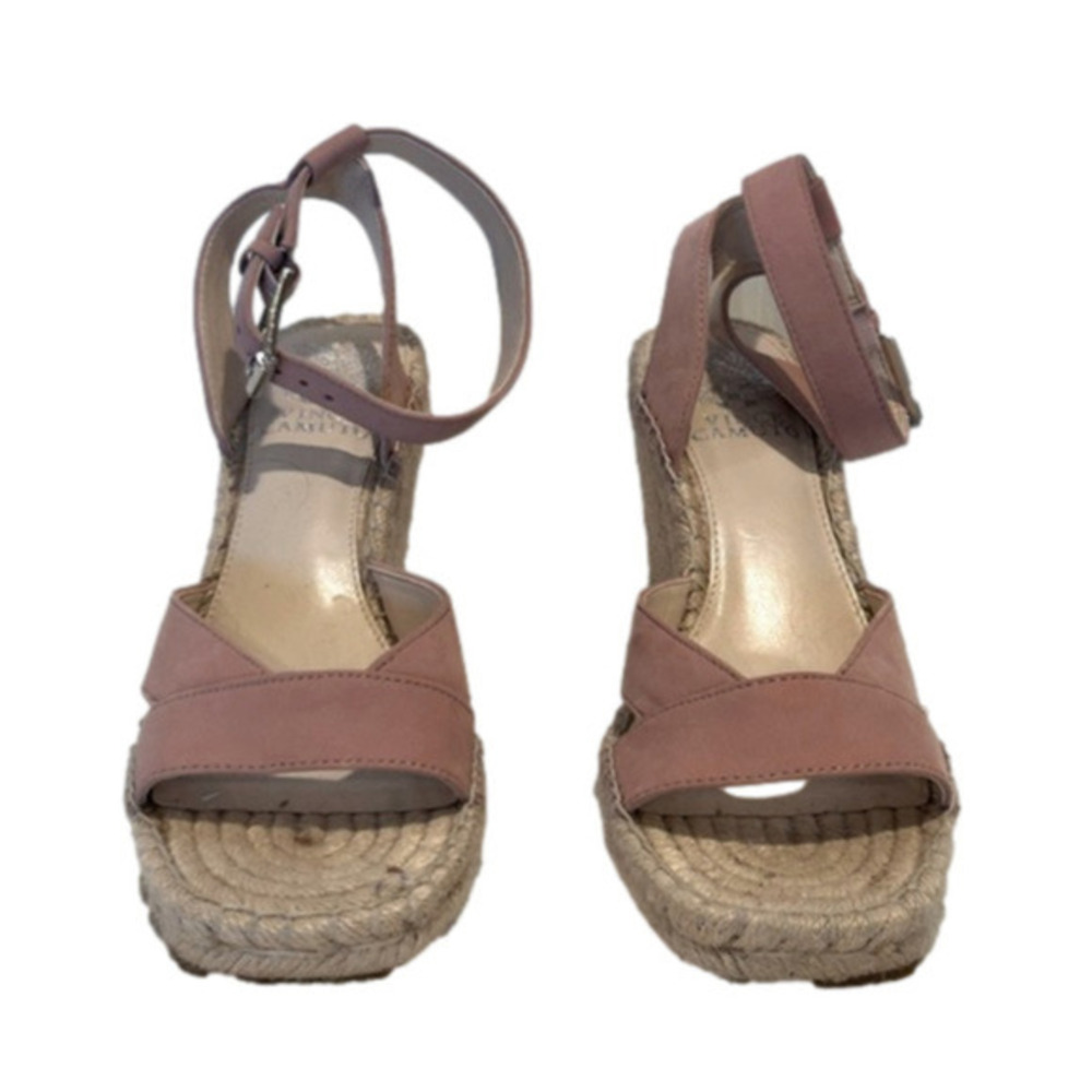 Vince Camuto light pink suede leather low platform ankle strap wedge he…